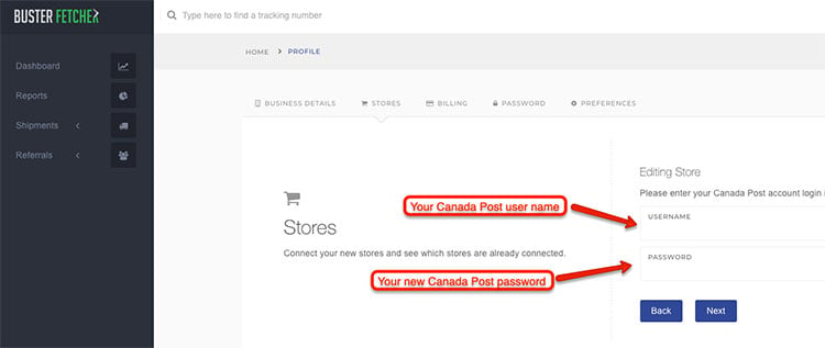 Enter your Canada Post user name, then enter your new password.