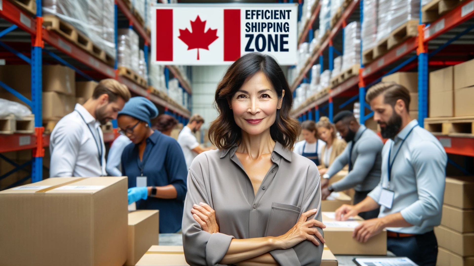 Entrepreneure canadienne dans un entrepôt avec des emballeurs actifs et une enseigne 'Expédition Efficace