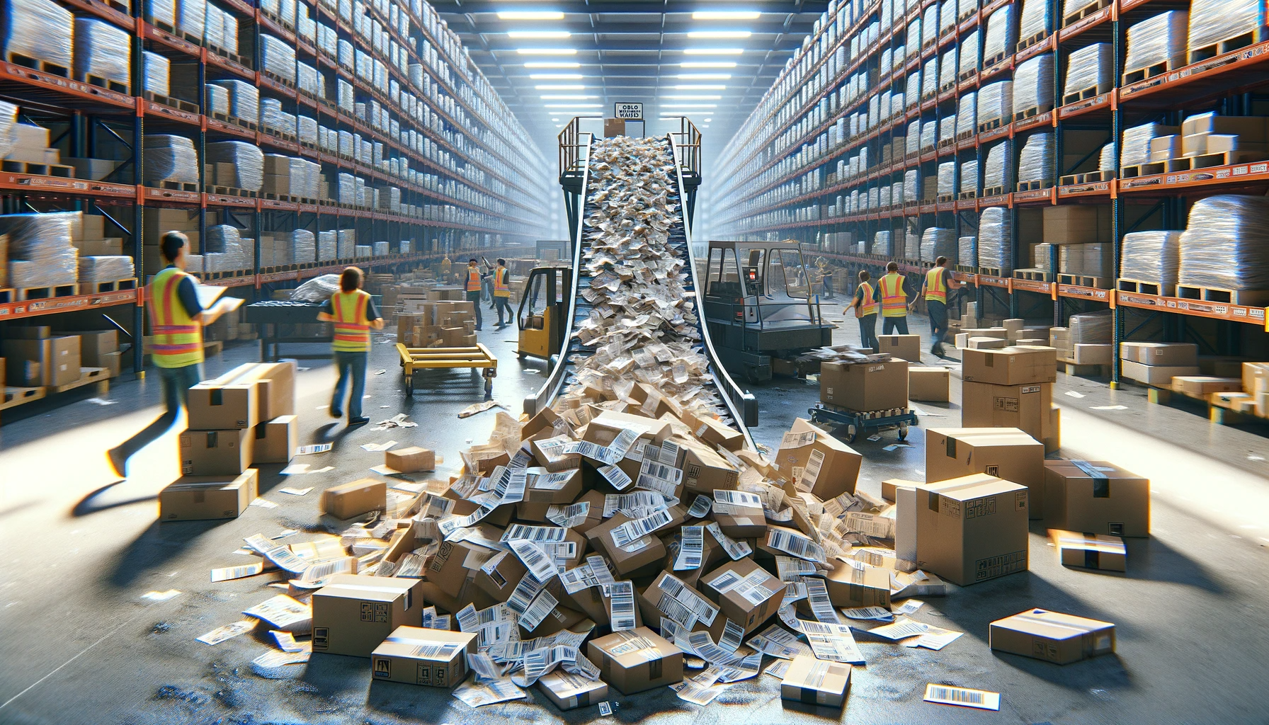 DALL·E 2023-11-14 15.13.57 - A highly realistic photograph-like image depicting the domino effect of shipping errors in a busy e-commerce warehouse. The scene should capture the h