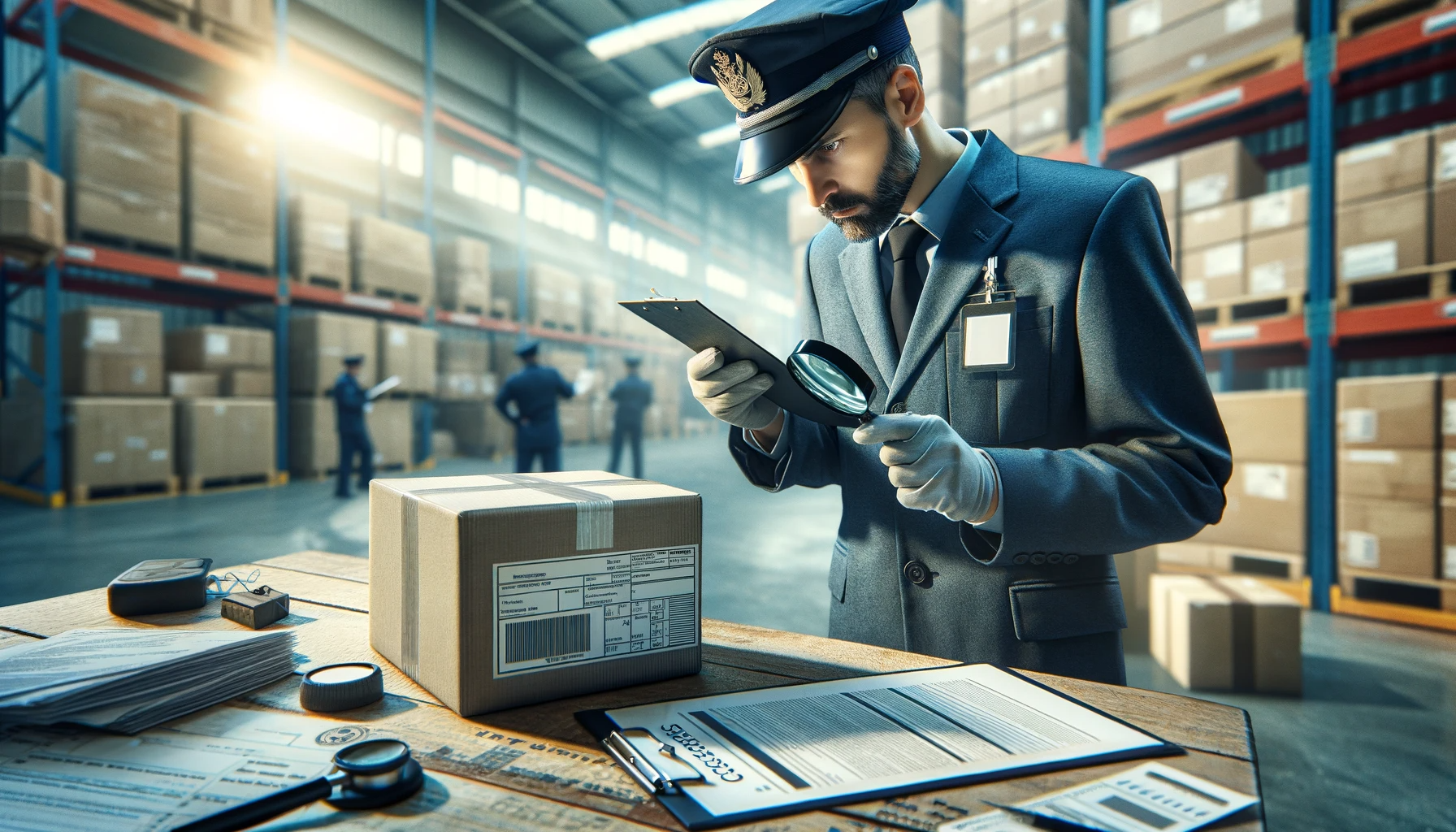 DALL·E 2023-11-21 03.36.00 - A realistic photo-like image of a customs officer inspecting a shipment with a magnifying glass. The officer is focused and detailed-oriented, examini