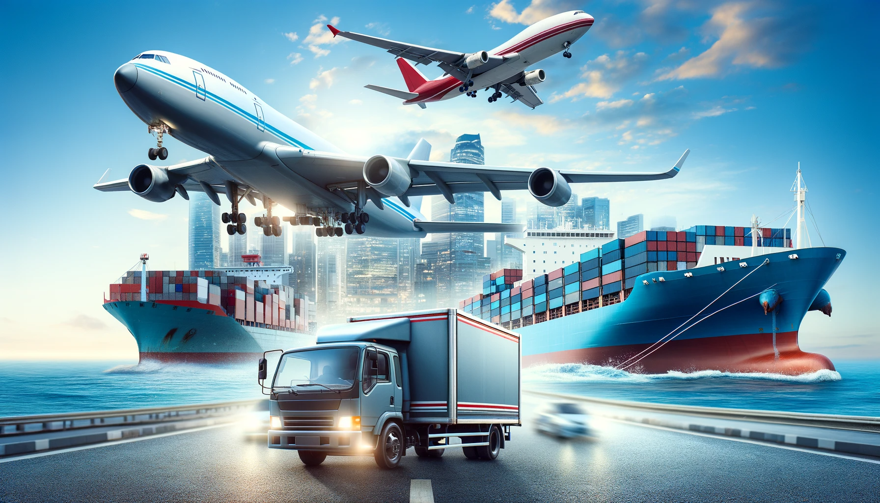 DALL·E 2023-11-21 03.44.31 - A highly realistic photo depicting a postal truck, a cargo plane, and a freight ship overlapped in one seamless image. The postal truck is positioned 