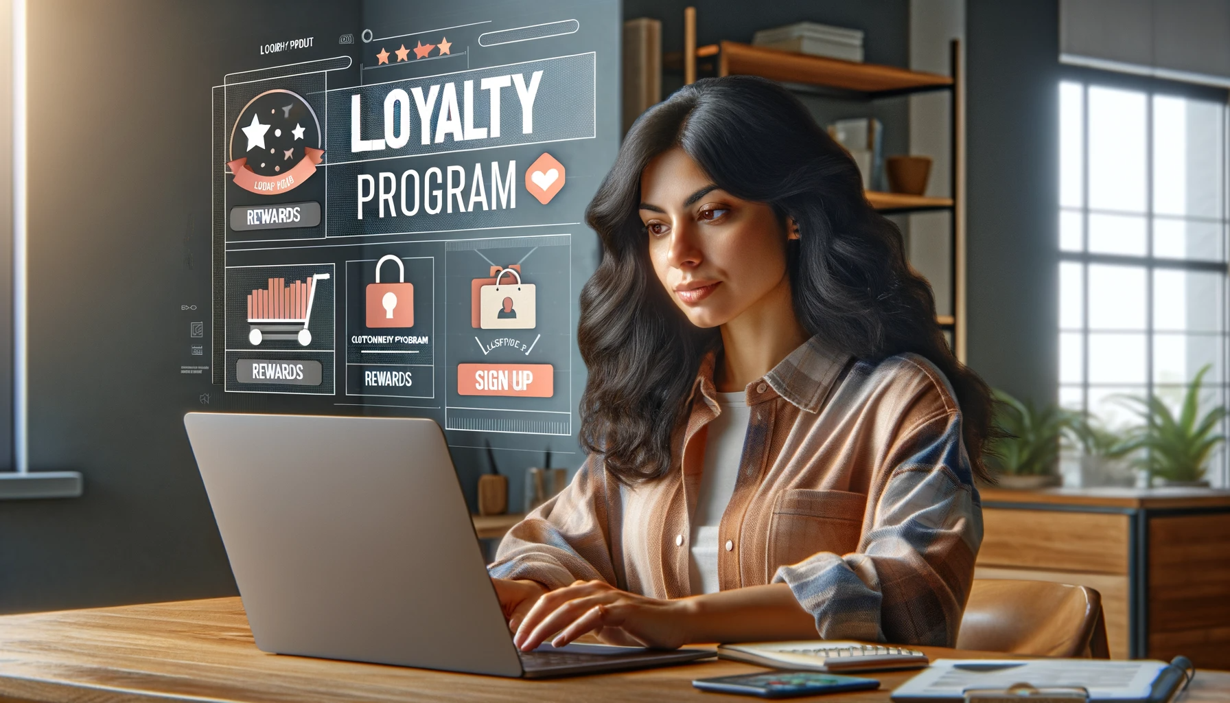 DALL·E 2023-11-22 01.57.15 - A highly realistic 16_9 image depicting a Hispanic woman at her desk, focused on her laptop screen, engaging with a customer LOYALTY program. The woma