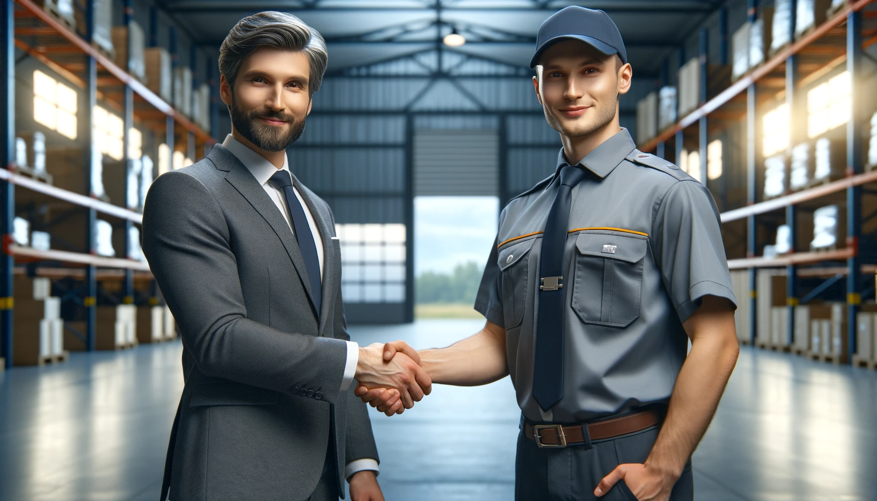 DALL·E 2023-11-22 04.31.41 - A realistic 16_9 image showing a small business entrepreneur shaking hands with a logistics staff member. The entrepreneur should appear as a confiden