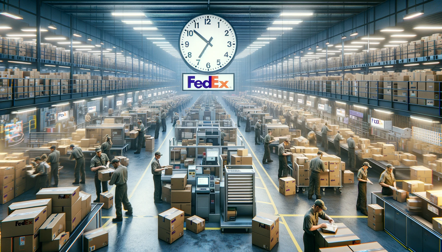 DALL·E 2023-11-23 05.53.15 - A realistic photo-style image of a busy FedEx sorting facility. The scene is during peak season, showcasing a flurry of activity with workers sorting 