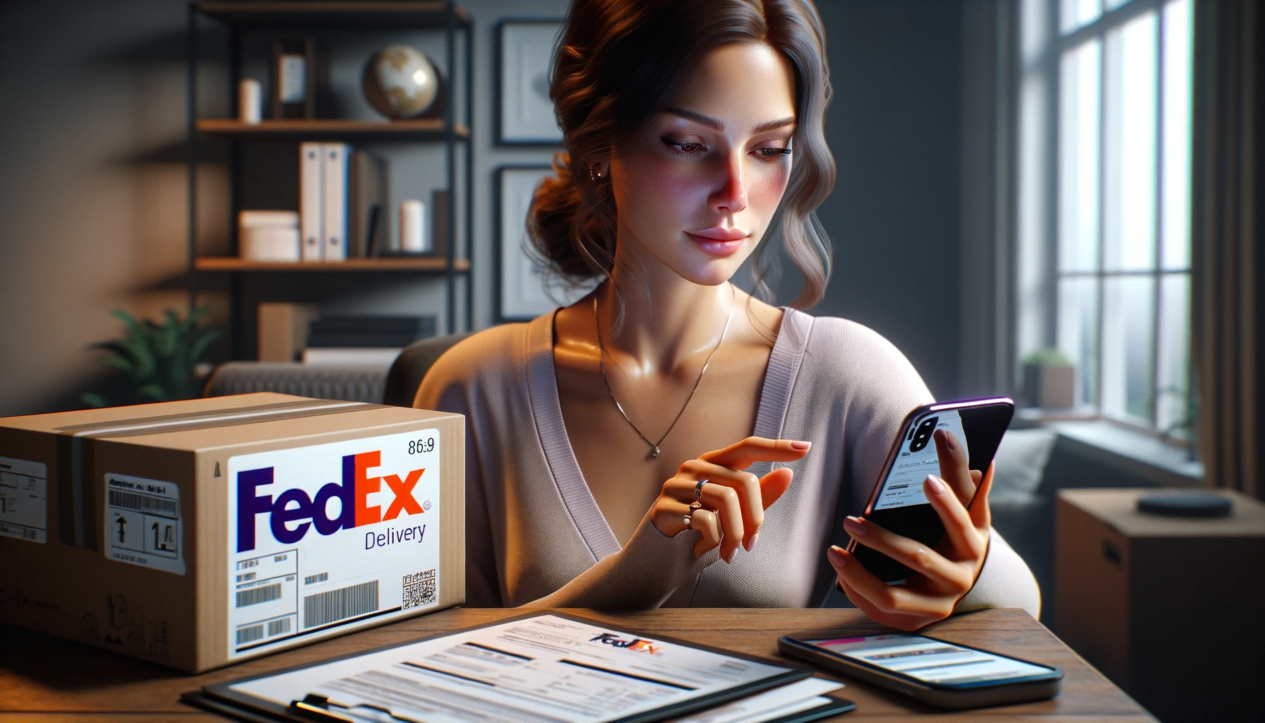 DALL·E 2023-11-23 09.14.33 - A realistic 16_9 image of a woman holding her phone, with FedEx packages and documents beside her. The woman should be the focus of the image, portray