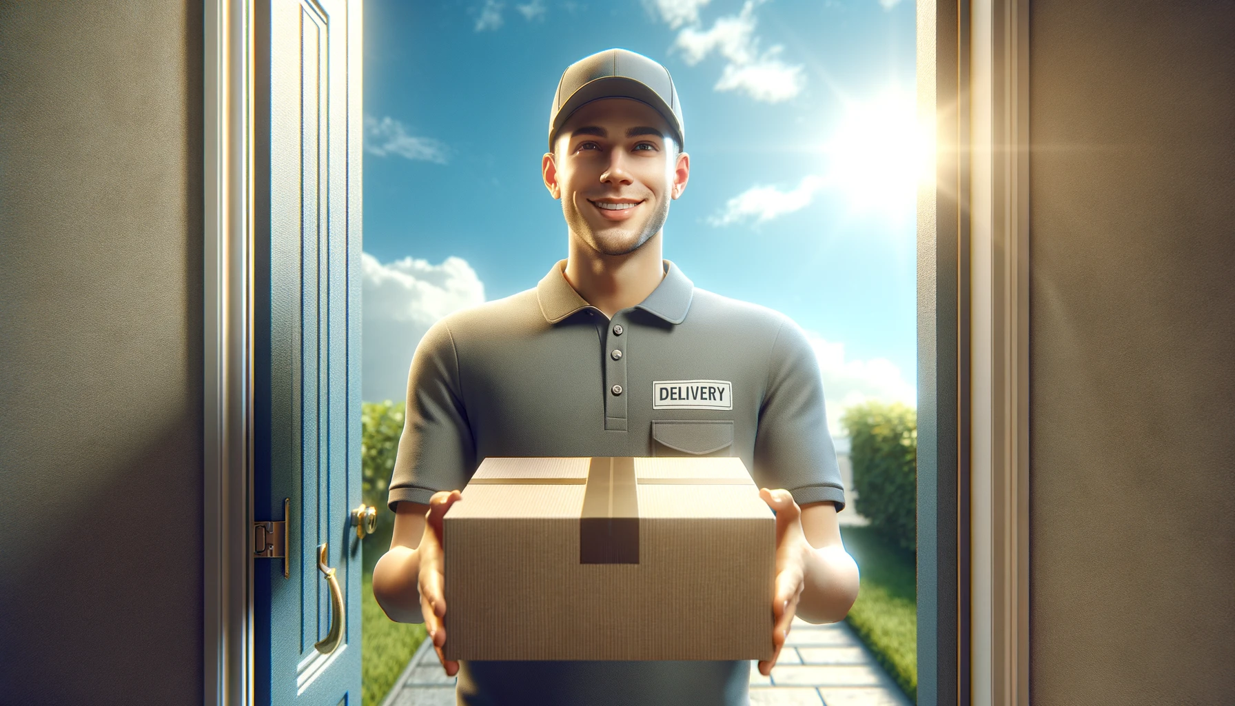 Delivery person in a generic uniform, standing on a door step facing the viewer, as if delivering a package to the