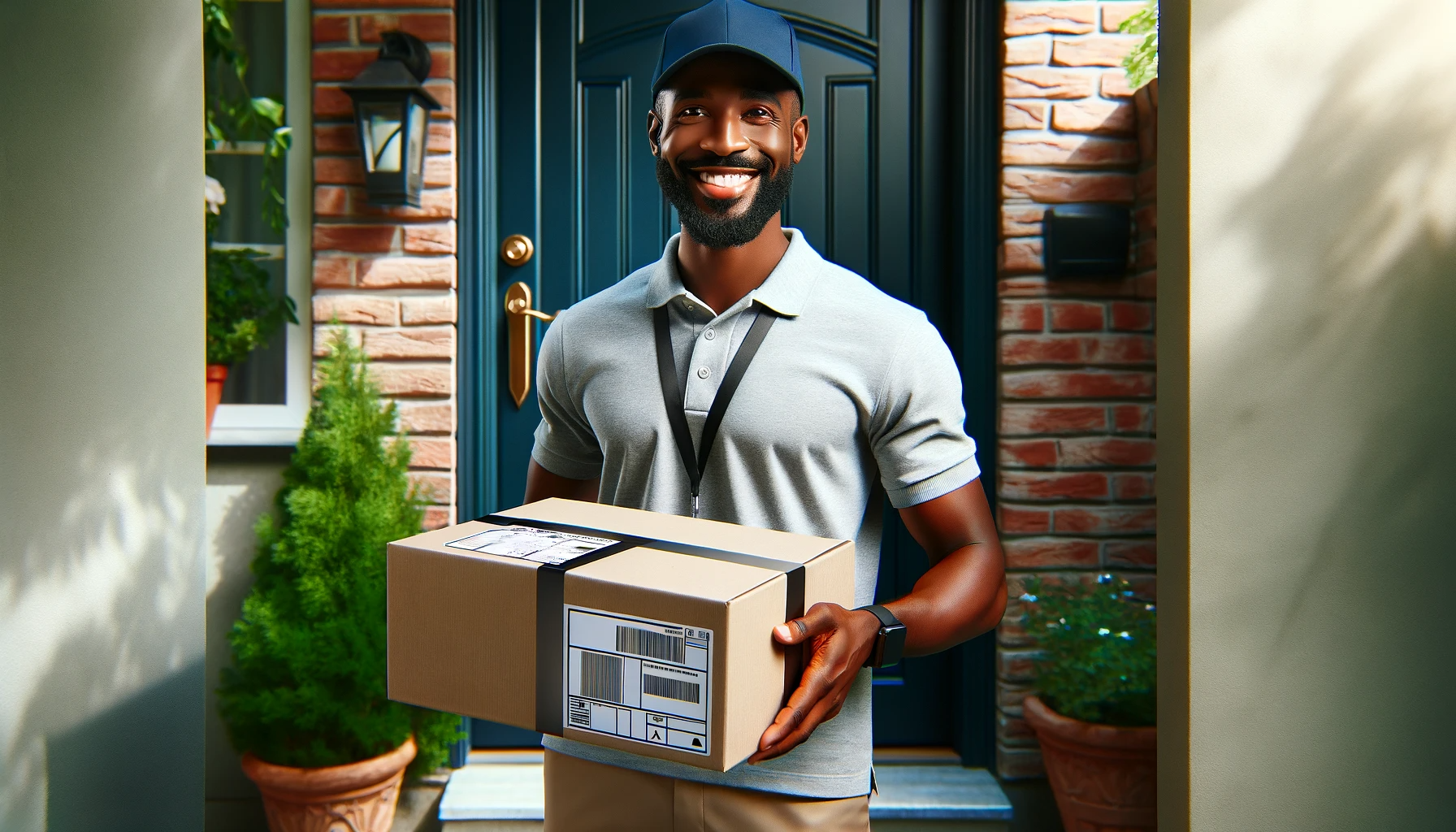 DALL·E 2023-11-29 03.17.51 - Create a highly detailed and realistic image of a happy delivery man, a Black male in his mid-thirties, handing out a package at a residential doorste